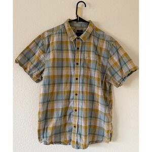 PrAna Men's Yellow and Blue Plaid Short Sleeve Button down Top Size Large HIking
